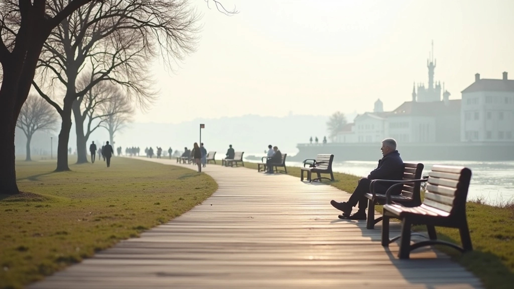 Spokojny widok na morze z ławkami rozmieszczonymi na całej długości plaży