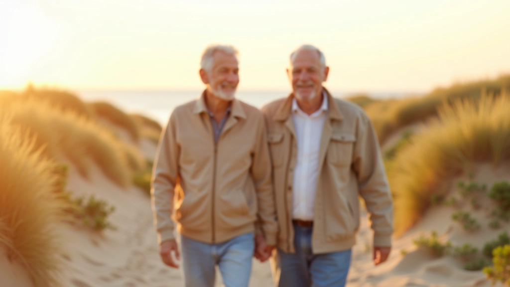 Para seniorów spacerująca po plaży nad Bałtykiem w piękny dzień