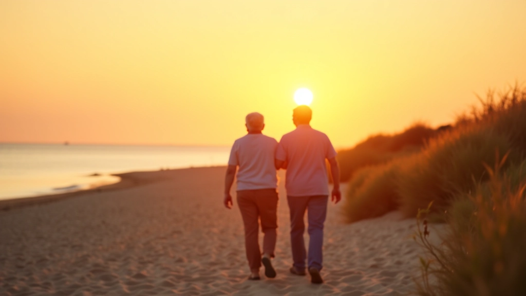 Senior couple walking on beach promenade
