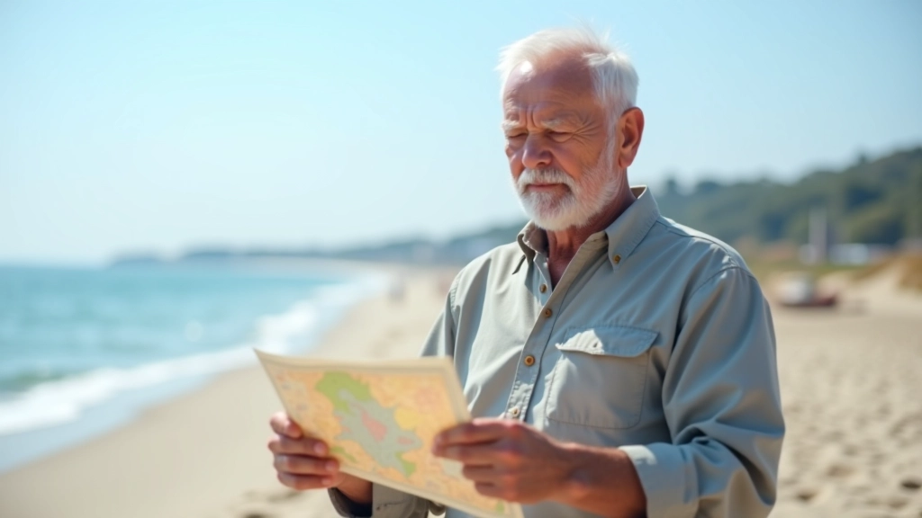 Senior czytający mapę na plaży, słoneczny dzień, widok na morze