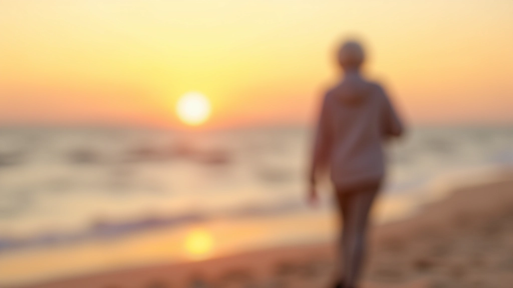 Seniorka spacerująca po plaży Bałtyku o zachodzie słońca, morze w tle
