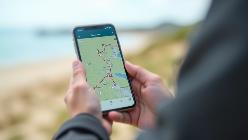 Smartfon wyświetlający mapę offline z zaznaczoną trasą, ruka trzymająca telefon, morze w tle